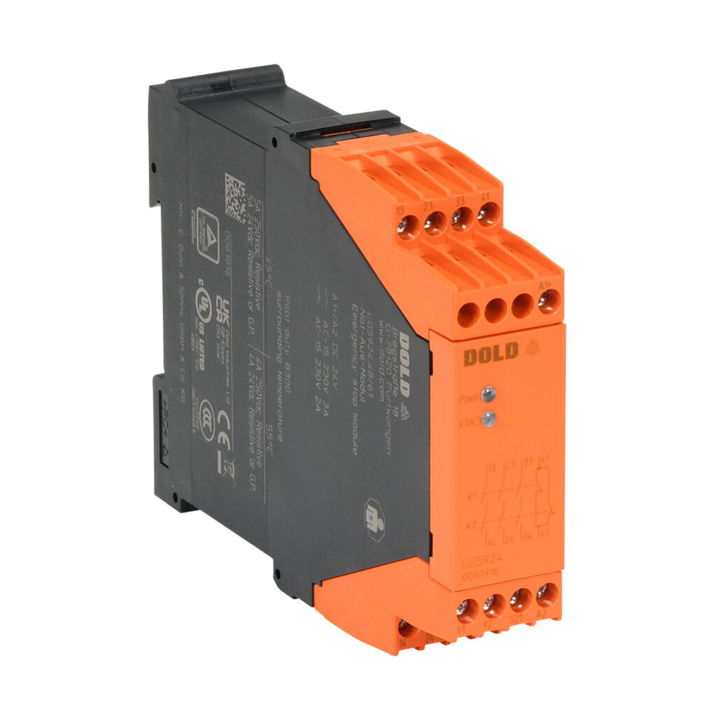 LG5924-48-61-24 - Dold safety relay, emergency stop, 1-channel, 24 VDC, (3) N.O. safety output(s), (1) N.C. monitoring output(s), fixed screw terminals.