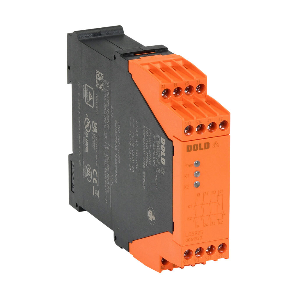LG5925-48-61-110 - Dold safety relay, emergency stop and safety gates, 2-channel, 110 VAC, (3) N.O. safety output(s), (1) N.C. monitoring output(s), fixed screw terminals.