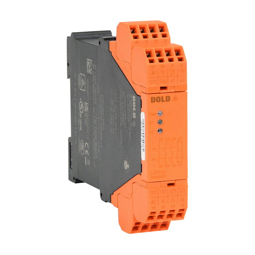 LG5925-48PC-61-110 - Dold safety relay, emergency stop, safety gate monitoring, 2-channel, 110 VAC, (3) N.O. safety output(s), (1) N.C. monitoring output(s), push-in cage clamp.