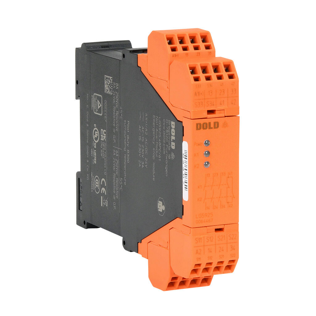 LG5925-48PC-61-24 - Dold safety relay, emergency stop, safety gate monitoring, 2-channel, 24 VAC/VDC, (3) N.O. safety output(s), (1) N.C. monitoring output(s), push-in cage clamp.