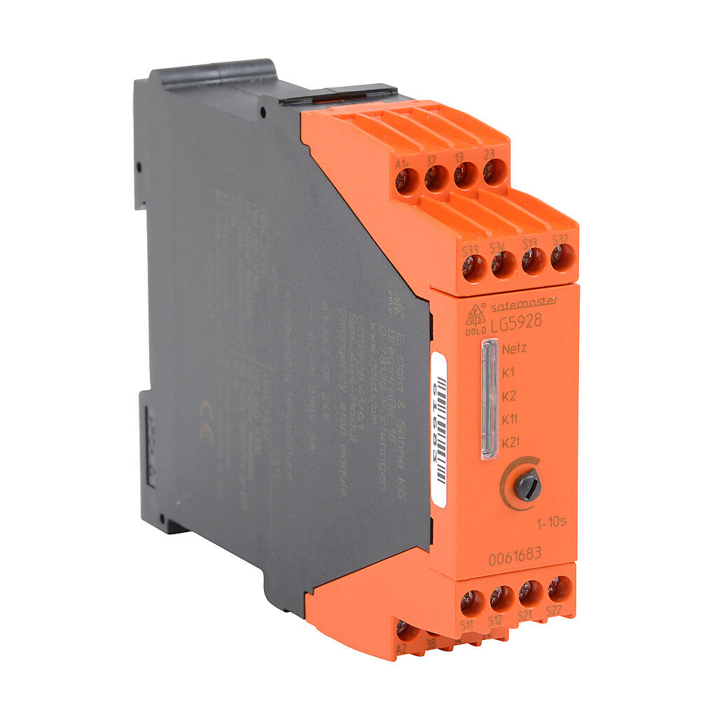 LG5928-41-61-10 - Dold safety relay, emergency stop and safety gates, release delay, 1 to 10 seconds, 2-channel, 24 VDC, (2) N.O. and (1) N.O. time delay safety output(s), fixed screw terminals.