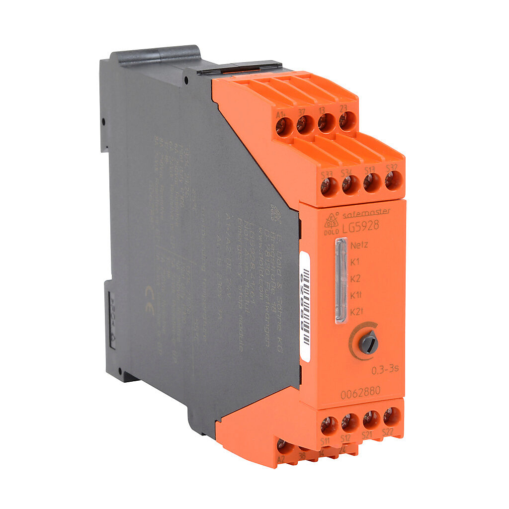 LG5928-41-61-3 - Dold safety relay, emergency stop and safety gates, release delay, 0.3 to 3 seconds, 2-channel, 24 VDC, (2) N.O. and (1) N.O. time delay safety output(s), fixed screw terminals.