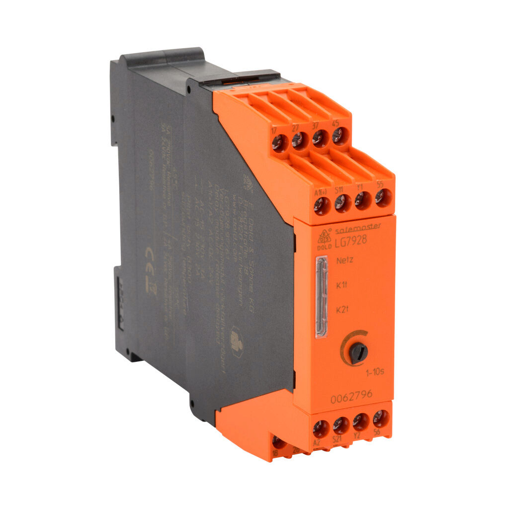 LG7928-97-61-10 - Dold safety relay extension module, release delay, 1 to 10 seconds, 24 VAC/VDC, (3) N.O. time delay and (1) N.C. time delay safety output(s), (1) N.C. time delay monitoring output(s), fixed screw terminals.