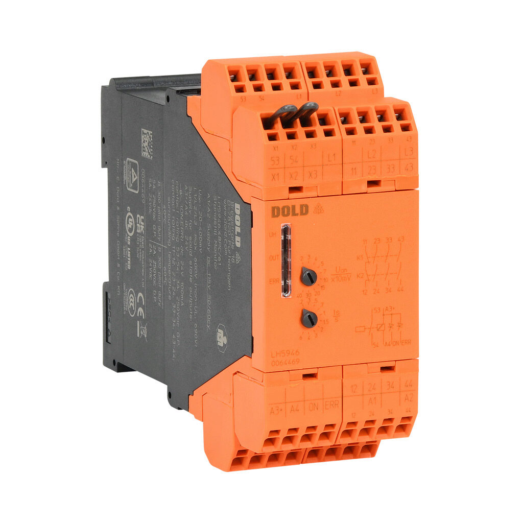 LH5946-PC-115-04 - Dold safety relay, motor standstill monitoring, 20-400 mV, 2-channel, 115 VAC, (3) N.O. and (1) N.C. safety output(s), push-in cage clamp.
