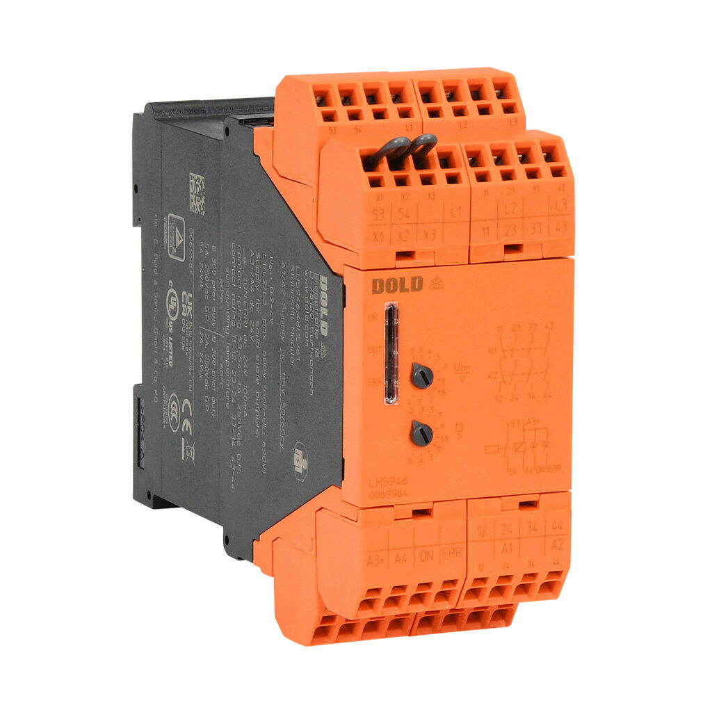 LH5946-PC-115-40 - Dold safety relay, motor standstill monitoring, 0.2-4V, 2-channel, 115 VAC, (3) N.O. and (1) N.C. safety output(s), push-in cage clamp.