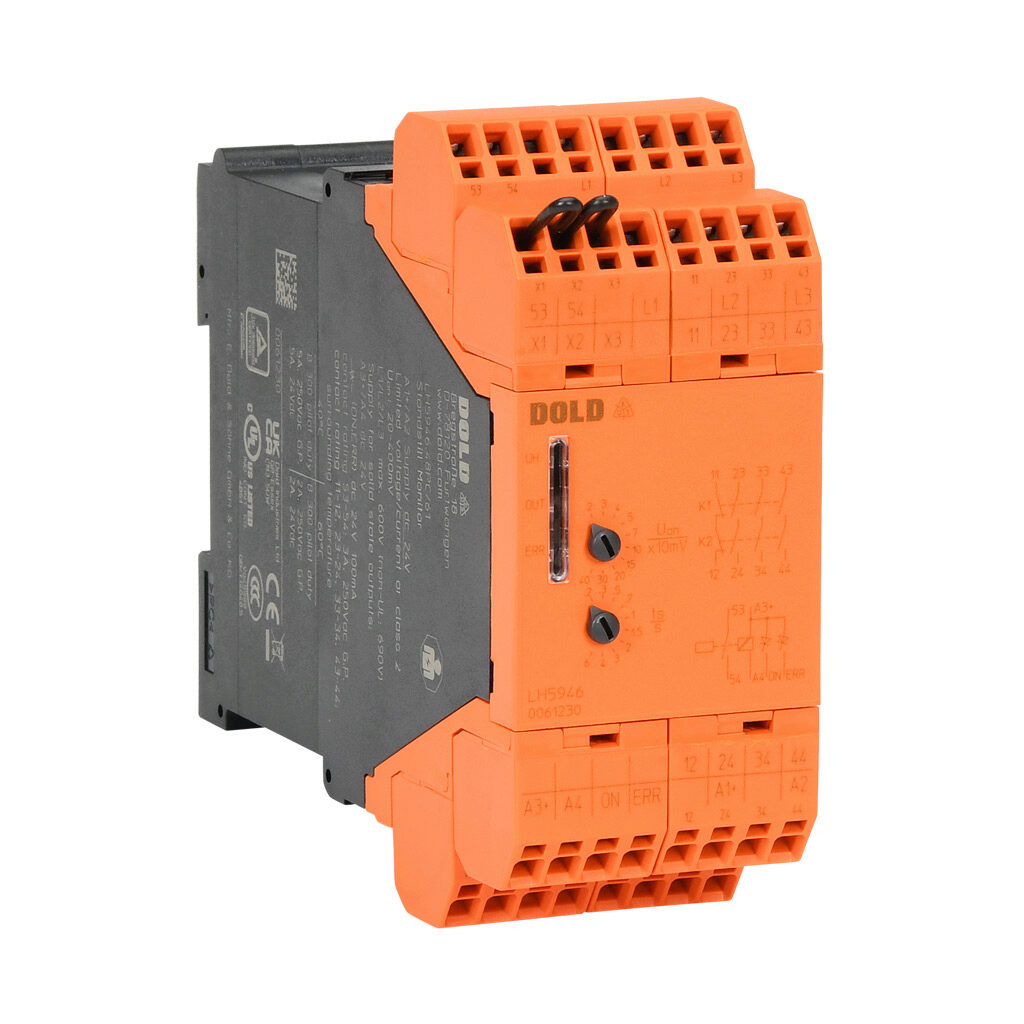 LH5946-PC-24-04 - Dold safety relay, motor standstill monitoring, 20-400 mV, 2-channel, 24 VDC, (3) N.O. and (1) N.C. safety output(s), push-in cage clamp.