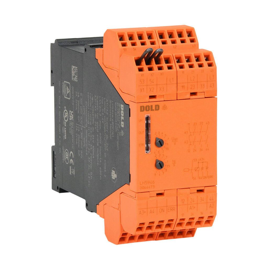 LH5946-PC-24-40 - Dold safety relay, motor standstill monitoring, 0.2-4V, 2-channel, 24 VDC, (3) N.O. and (1) N.C. safety output(s), push-in cage clamp.