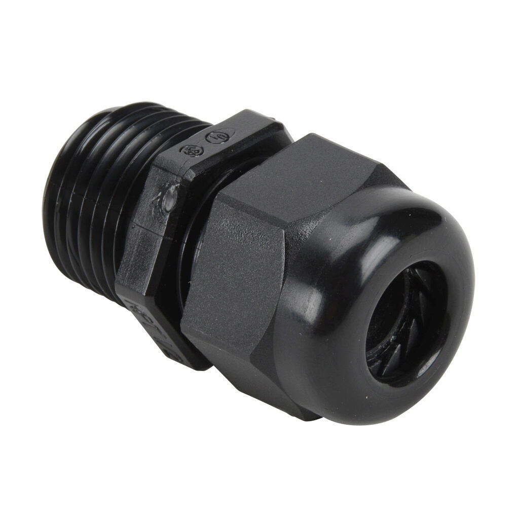 LM90-1001 - Cable gland, 1/2in male NPT thread type, nylon, accepts 0.180 to 0.400in (4.6 to 10.2mm) diameter cable. Buna N sealing gland included.