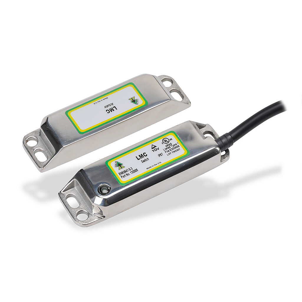 LMC-133005 - IDEM safety switch set, non-contact coded magnetic, (2) N.C. safety output(s), (1) N.O. monitoring output(s), 316 stainless steel housing, 88 x 25mm, pigtail, 6.5ft/2m cable length.