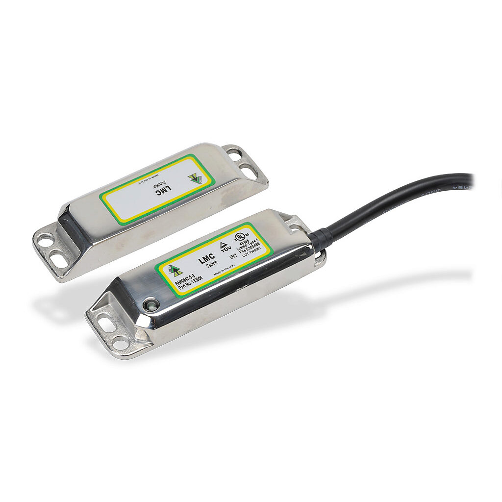 LMC-133006 - IDEM safety switch set, non-contact coded magnetic, (2) N.C. safety output(s), (1) N.O. monitoring output(s), 316 stainless steel housing, 88 x 25mm, pigtail, 16.4ft/5m cable length.
