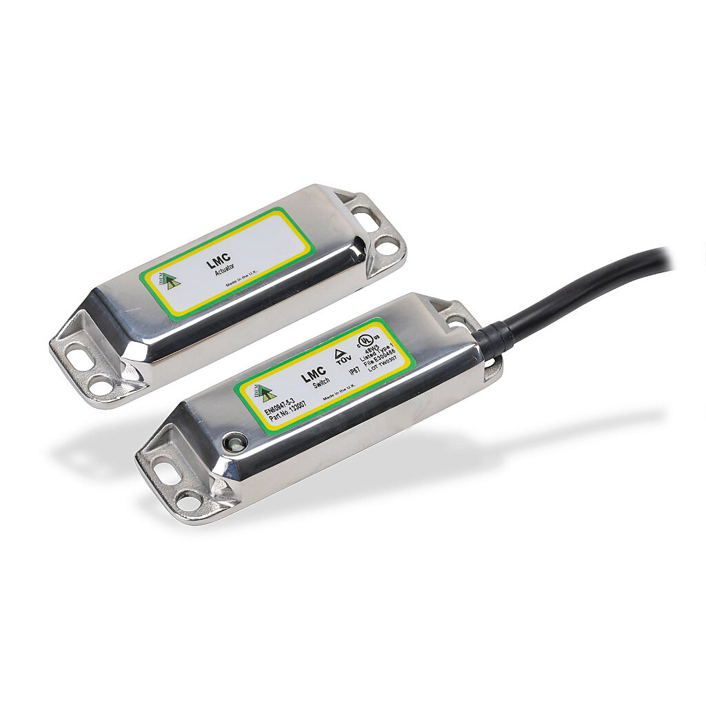 LMC-133007 - IDEM safety switch set, non-contact coded magnetic, (2) N.C. safety output(s), (1) N.O. monitoring output(s), 316 stainless steel housing, 88 x 25mm, pigtail, 32.8ft/10m cable length.