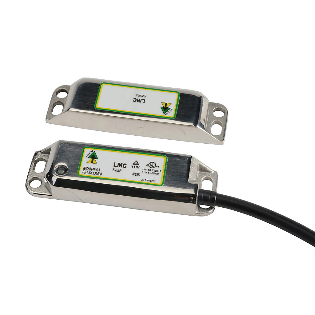 LMC-133008 - IDEM safety switch set, non-contact coded magnetic, (2) N.C. safety output(s), (1) N.O. monitoring output(s), 316 stainless steel housing, 88 x 25mm, 8-pin M12 quick-disconnect, 9.8in/250mm cable length.
