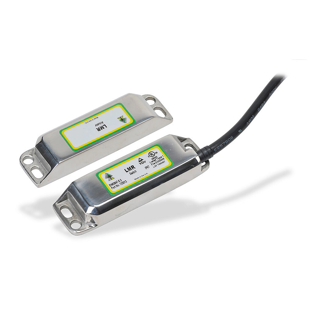 LMR-133013 - IDEM safety switch set, non-contact magnetic, (2) N.C. safety output(s), (1) N.O. monitoring output(s), 316 stainless steel housing, 88 x 25mm, pigtail, 6.5ft/2m cable length.