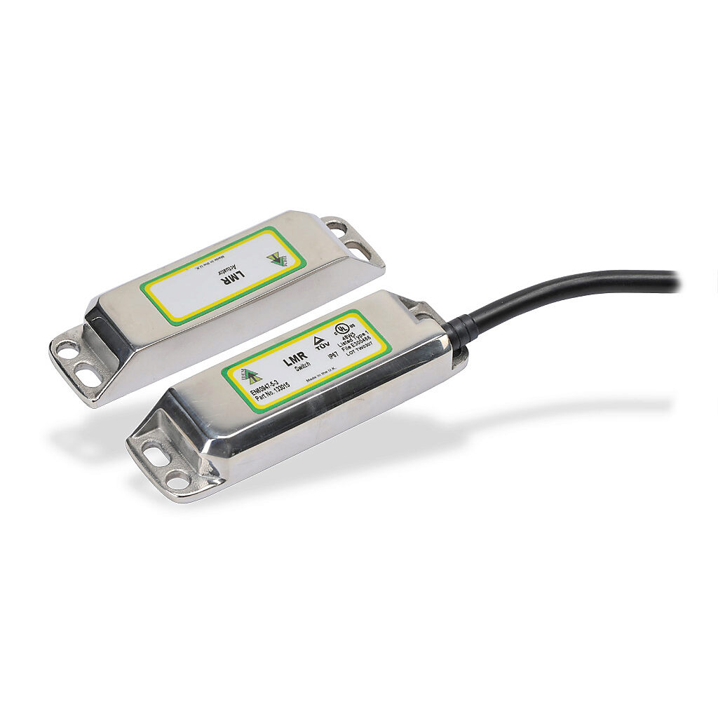 LMR-133015 - IDEM safety switch set, non-contact magnetic, (2) N.C. safety output(s), (1) N.O. monitoring output(s), 316 stainless steel housing, 88 x 25mm, pigtail, 32.8ft/10m cable length.