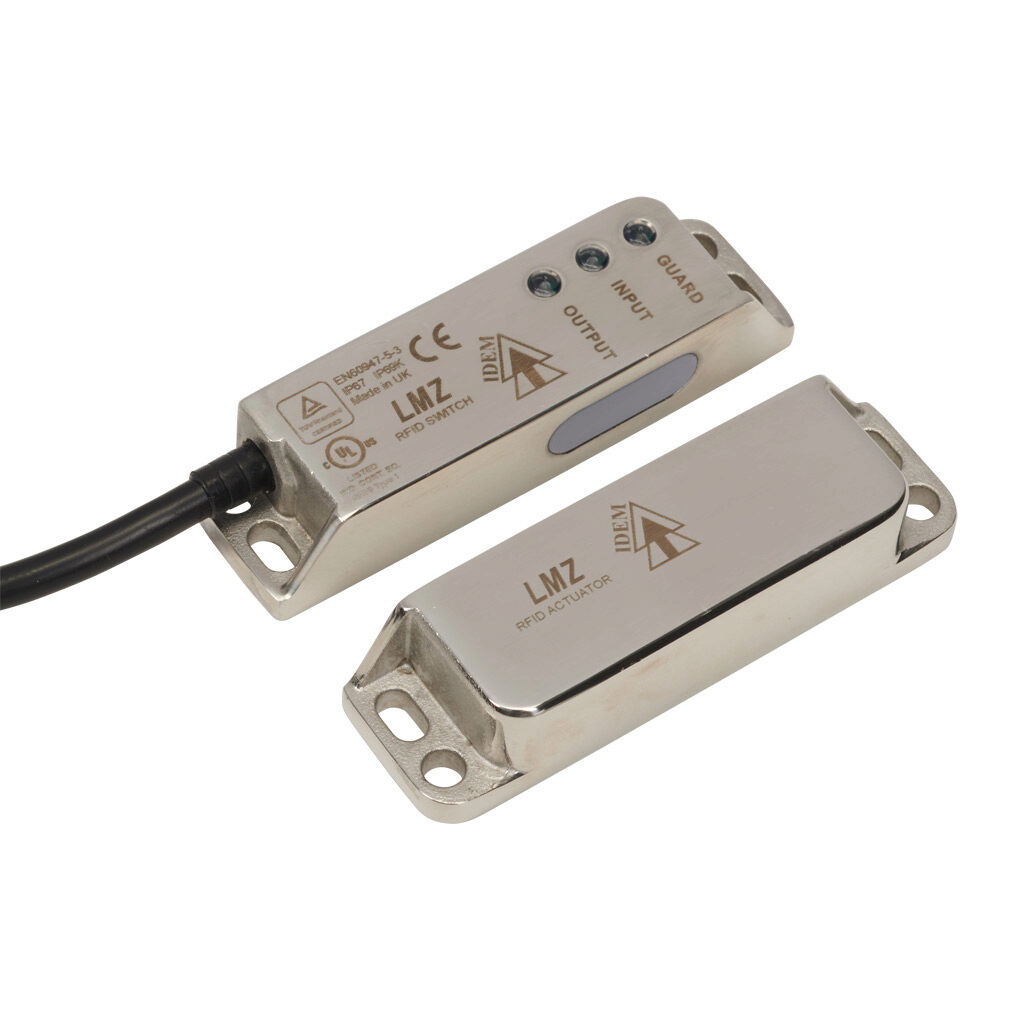 LMZ-M-412003 - IDEM Z-Range safety switch set, non-contact master coded RFID, (1) pair OSSD safety output(s), (1) status monitoring output(s), 316 stainless steel housing, 88 x 25mm, 8-pin M12 quick-disconnect, 9.8in/250mm cable length.