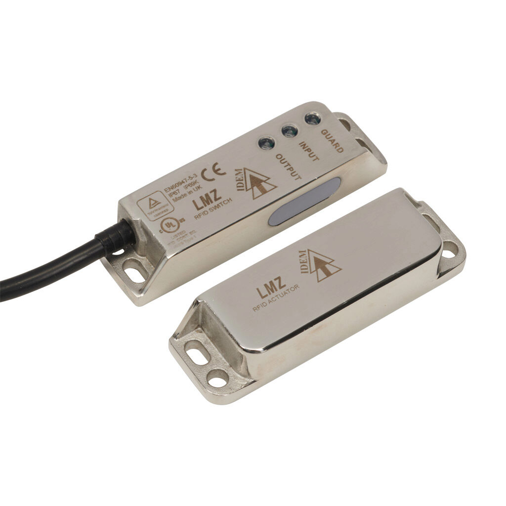 LMZ-U-412101 - IDEM Z-Range safety switch set, non-contact uniquely coded RFID, (1) pair OSSD safety output(s), (1) status monitoring output(s), 316 stainless steel housing, 88 x 25mm, pigtail, 16.4ft/5m cable length.