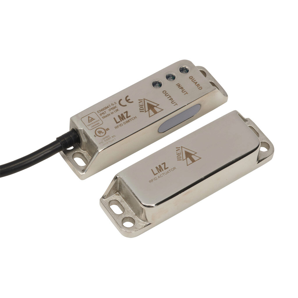 LMZ-U-412102 - IDEM Z-Range safety switch set, non-contact uniquely coded RFID, (1) pair OSSD safety output(s), (1) status monitoring output(s), 316 stainless steel housing, 88 x 25mm, pigtail, 32.8ft/10m cable length.