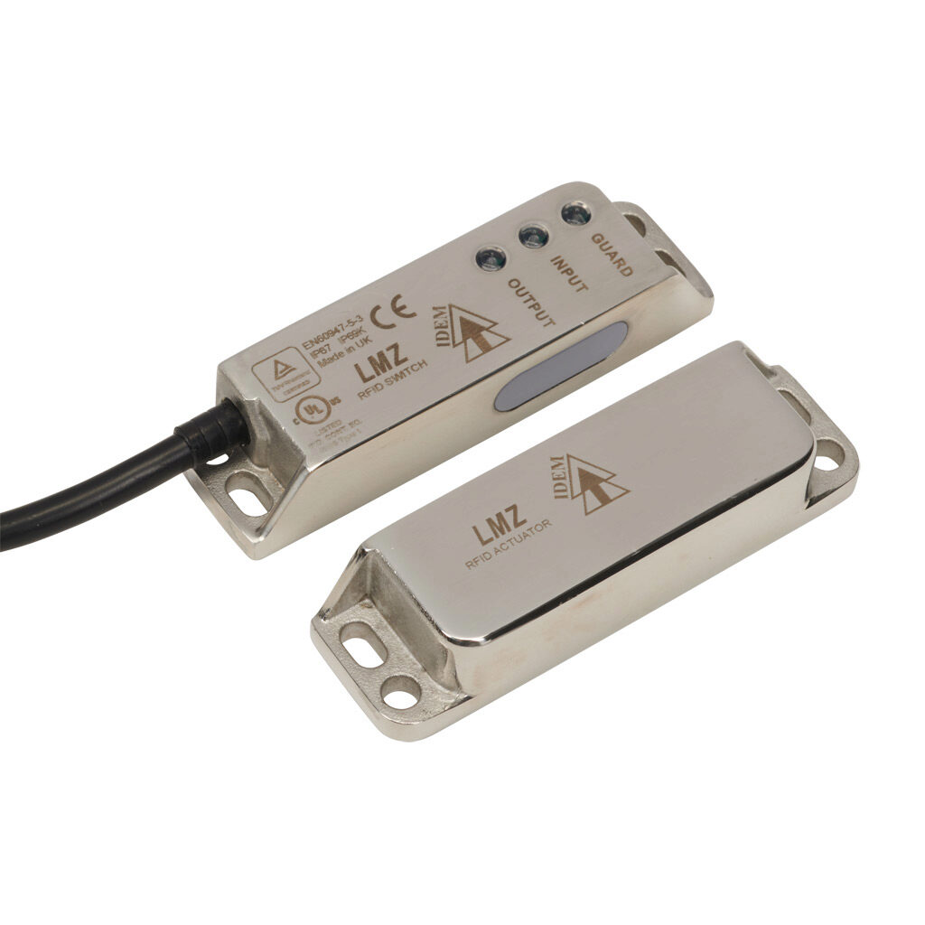 LMZ-U-412103 - IDEM Z-Range safety switch set, non-contact uniquely coded RFID, (1) pair OSSD safety output(s), (1) status monitoring output(s), 316 stainless steel housing, 88 x 25mm, 8-pin M12 quick-disconnect, 9.8in/250mm cable length.