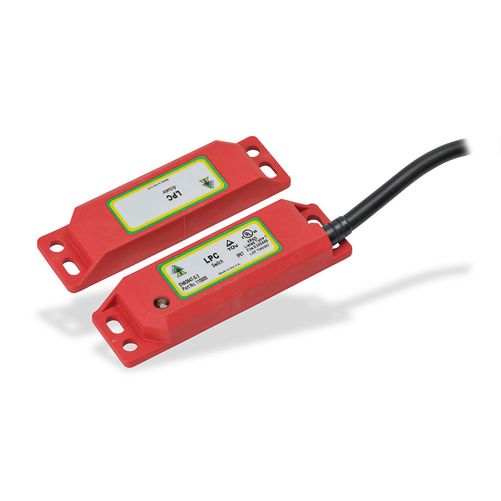 LPC-110005 - IDEM safety switch set, non-contact coded magnetic, (2) N.C. safety output(s), (1) N.O. monitoring output(s), plastic housing, 88 x 25mm, pigtail, 6.5ft/2m cable length.