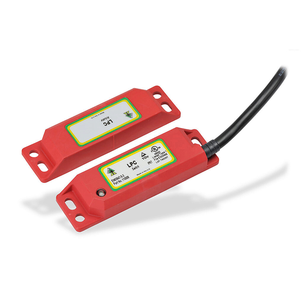 LPC-110006 - IDEM safety switch set, non-contact coded magnetic, (2) N.C. safety output(s), (1) N.O. monitoring output(s), plastic housing, 88 x 25mm, pigtail, 16.4ft/5m cable length.
