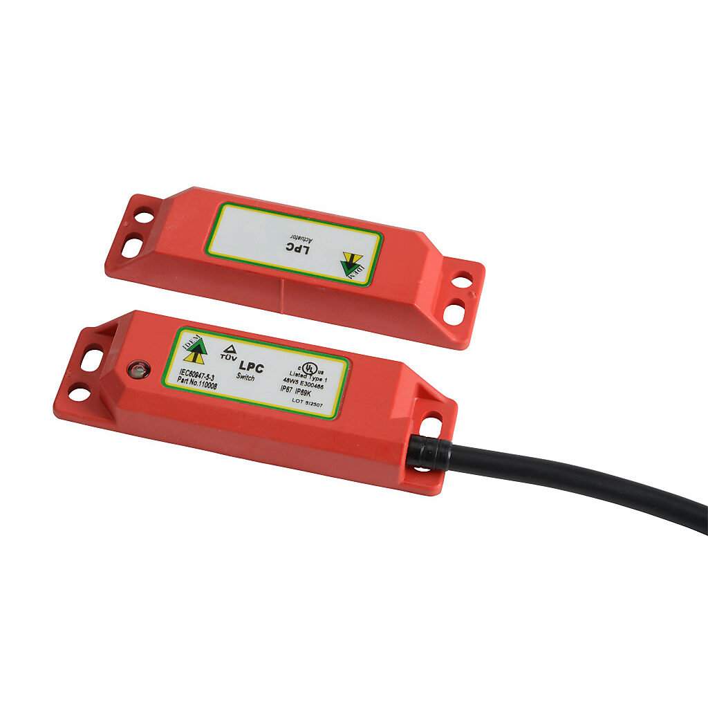 LPC-110008 - IDEM safety switch set, non-contact coded magnetic, (2) N.C. safety output(s), (1) N.O. monitoring output(s), plastic housing, 88 x 25mm, 8-pin M12 quick-disconnect, 9.8in/250mm cable length.