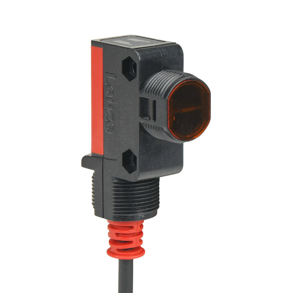 LS28-9D - Leuze photoelectric sensor, rectangular, through-beam emitter, visible red, 0-10m sensing distance, 10-30 VDC operating voltage, 57.7 x 15 x 37.3mm body, ABS plastic, 2-wire, pigtail.