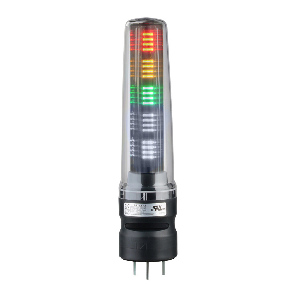 LS7-302DBWC-RYGNN - Patlite LED signal tower, (3) tiers, 70mm diameter, red/amber/green, permanent light function, (1) alarm, 24 VDC, NPN/PNP polarity, clear lens, 284mm body length, dark gray, 360 degree viewing angle, base mount, IP54.