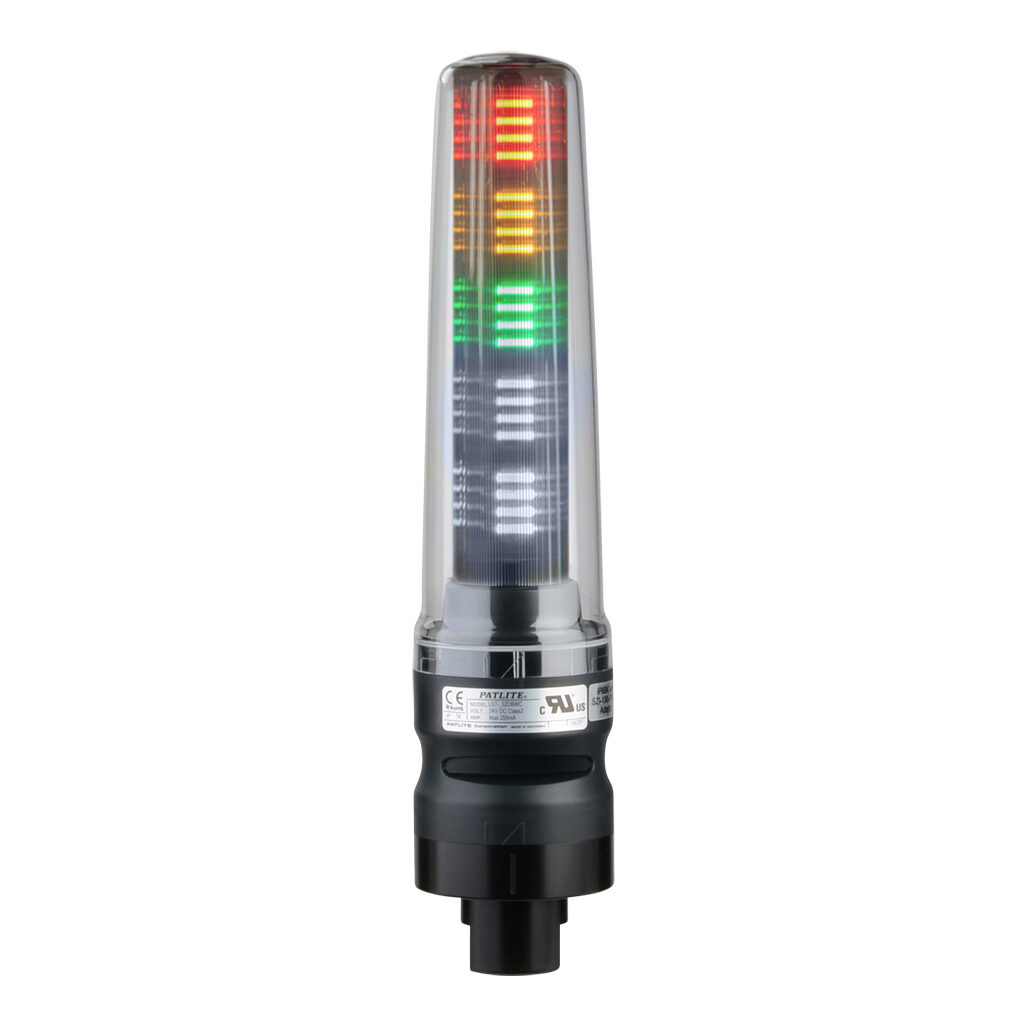 LS7-302DBWC9-RYGNN - Patlite LED signal tower, (3) tiers, 70mm diameter, red/amber/green, permanent light function, (1) alarm, 24 VDC, NPN/PNP polarity, clear lens, 270mm body length, dark gray, 360 degree viewing angle, base mount, IP69K.