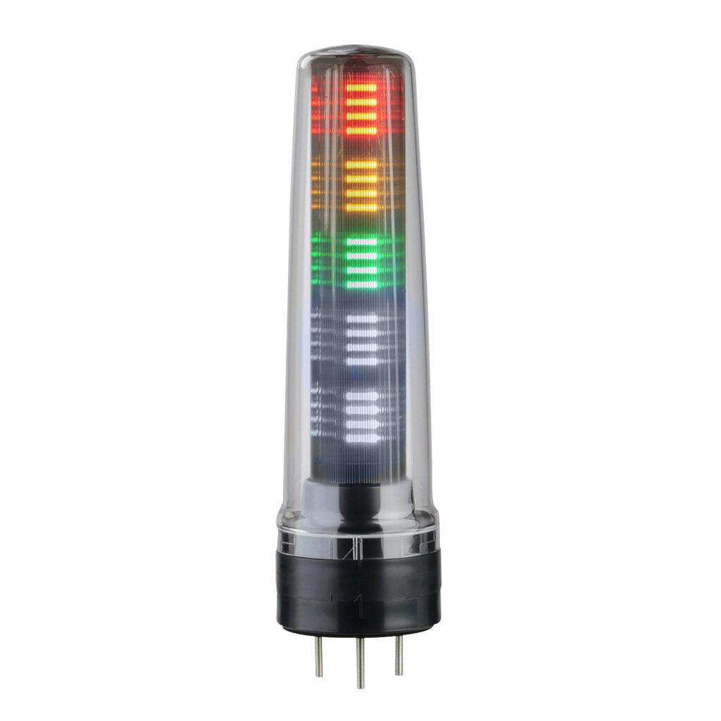 LS7-302DWC-RYGNN - Patlite LED signal tower, (3) tiers, 70mm diameter, red/amber/green, permanent light function, 24 VDC, NPN/PNP polarity, clear lens, 244mm body length, dark gray, 360 degree viewing angle, base mount, IP65.