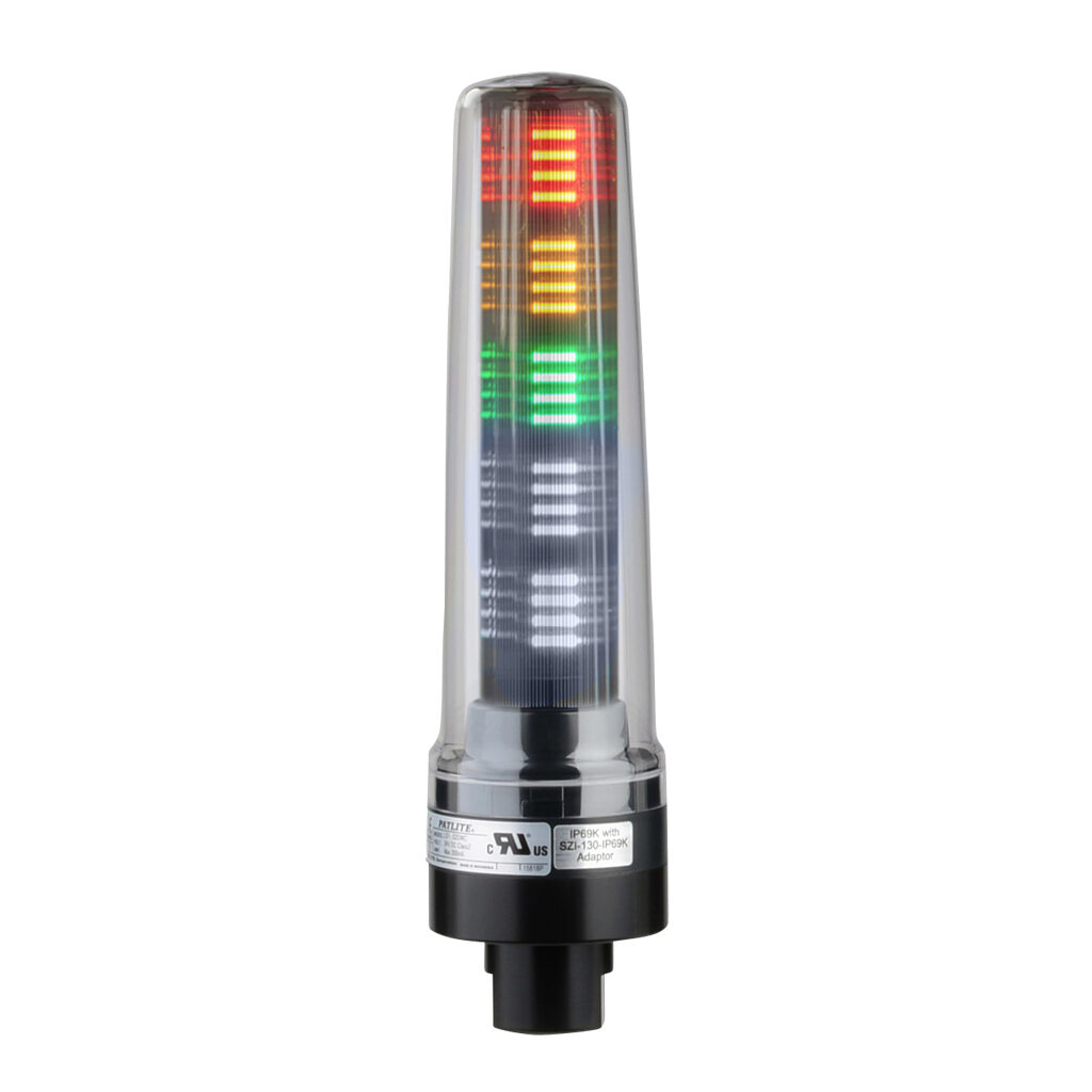 LS7-302DWC9-RYGNN - Patlite LED signal tower, (3) tiers, 70mm diameter, red/amber/green, permanent light function, 24 VDC, NPN/PNP polarity, clear lens, 230mm body length, dark gray, 360 degree viewing angle, base mount, IP69K.