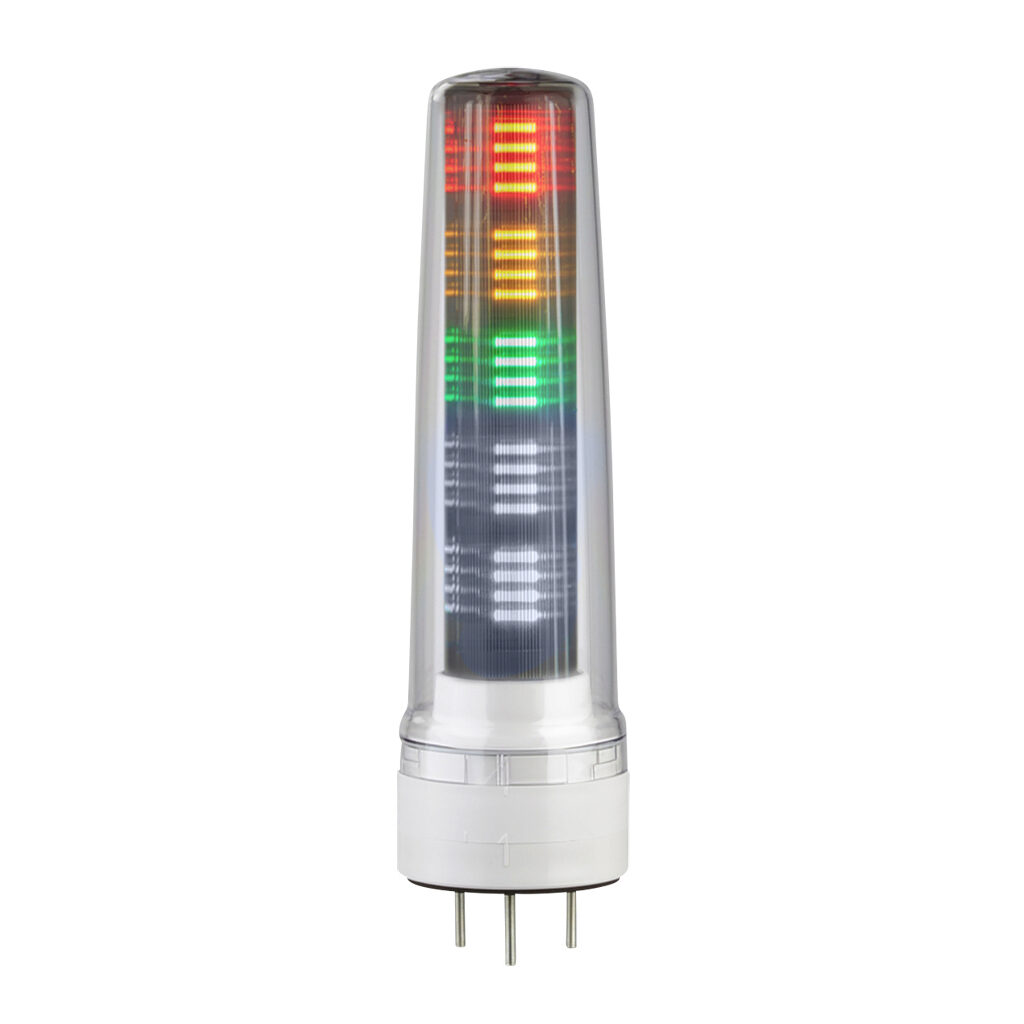 LS7-302WC-RYGNN - Patlite LED signal tower, (3) tiers, 70mm diameter, red/amber/green, permanent light function, 24 VDC, NPN/PNP polarity, clear lens, 244mm body length, off-white, 360 degree viewing angle, base mount, IP65.