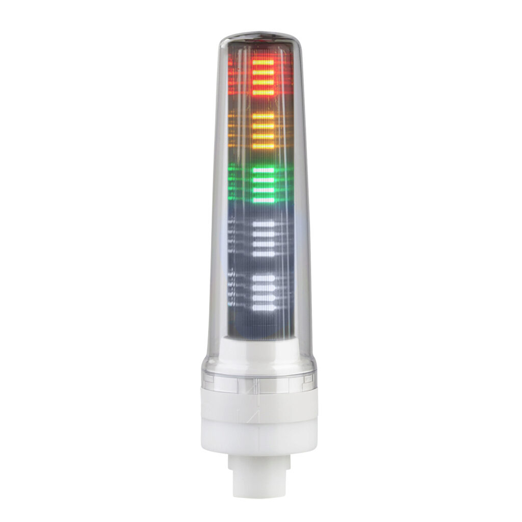 LS7-302WC9-RYGNN - Patlite LED signal tower, (3) tiers, 70mm diameter, red/amber/green, permanent light function, 24 VDC, NPN/PNP polarity, clear lens, 230mm body length, off-white, 360 degree viewing angle, base mount, IP69K.