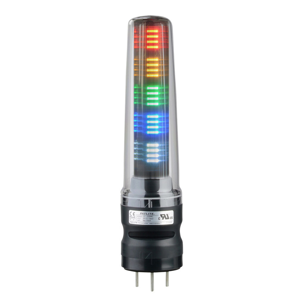 LS7-502DBWC-RYGBC - Patlite LED signal tower, (5) tiers, 70mm diameter, red/amber/green/blue/clear, permanent light function, (1) alarm, 24 VDC, NPN/PNP polarity, clear lens, 284mm body length, dark gray, 360 degree viewing angle, base mount, IP54.
