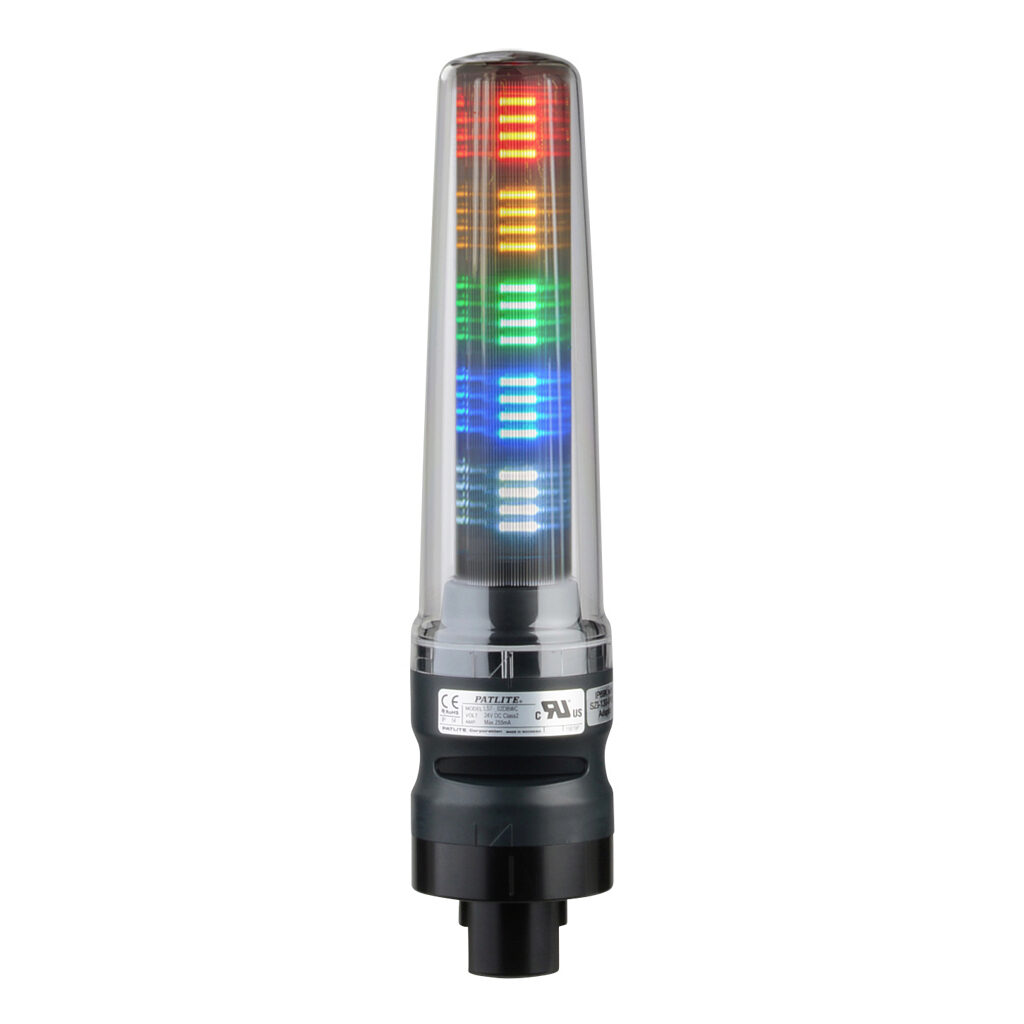 LS7-502DBWC9-RYGBC - Patlite LED signal tower, (5) tiers, 70mm diameter, red/amber/green/blue/clear, permanent light function, (1) alarm, 24 VDC, NPN/PNP polarity, clear lens, 270mm body length, dark gray, 360 degree viewing angle, base mount, IP69K.