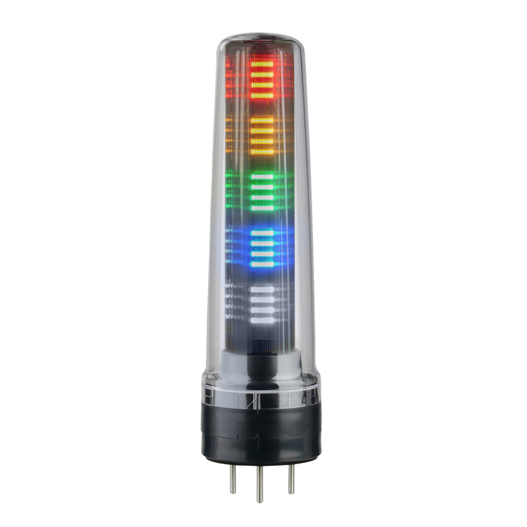 LS7-502DWC-RYGBC - Patlite LED signal tower, (5) tiers, 70mm diameter, red/amber/green/blue/clear, permanent light function, 24 VDC, NPN/PNP polarity, clear lens, 244mm body length, dark gray, 360 degree viewing angle, base mount, IP65.