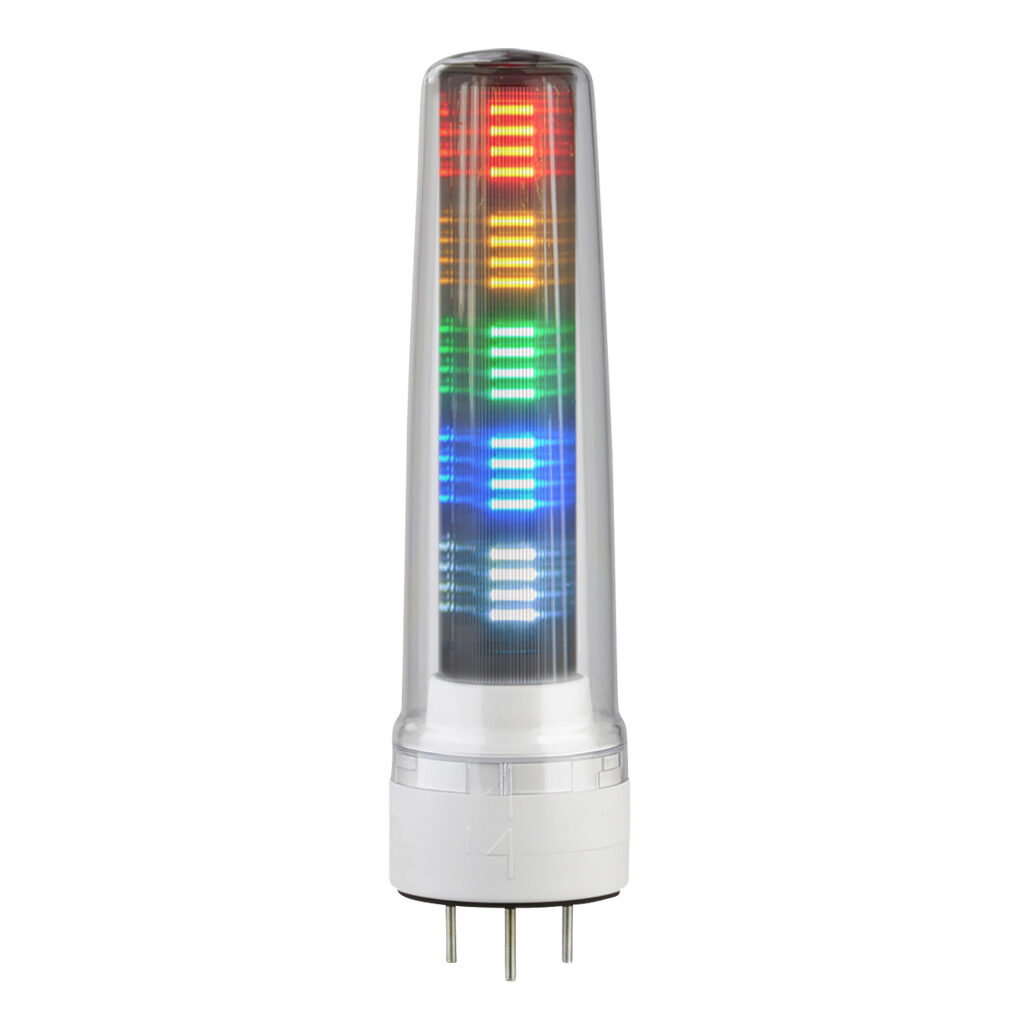LS7-502WC-RYGBC - Patlite LED signal tower, (5) tiers, 70mm diameter, red/amber/green/blue/clear, permanent light function, 24 VDC, NPN/PNP polarity, clear lens, 244mm body length, off-white, 360 degree viewing angle, base mount, IP65.