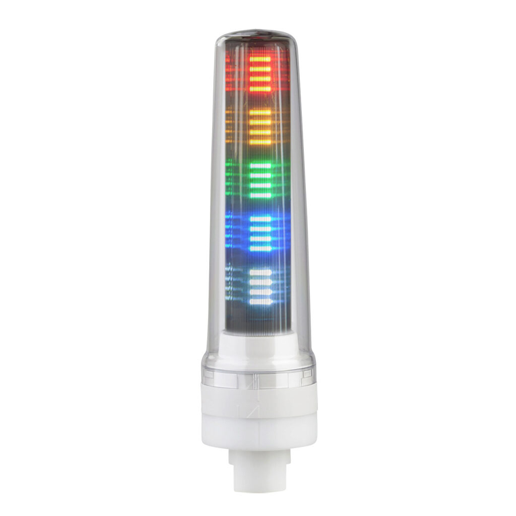 LS7-502WC9-RYGBC - Patlite LED signal tower, (5) tiers, 70mm diameter, red/amber/green/blue/clear, permanent light function, 24 VDC, NPN/PNP polarity, clear lens, 230mm body length, off-white, 360 degree viewing angle, base mount, IP69K.