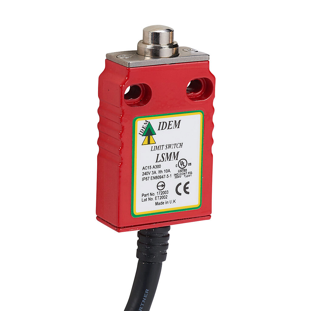 LSMM-172003 - IDEM safety limit switch, brass plunger, (2) N.C. safety output(s), (1) N.O. monitoring output(s), slow action break before make, die-cast zinc aluminum, pigtail, 6.5ft/2m cable length.