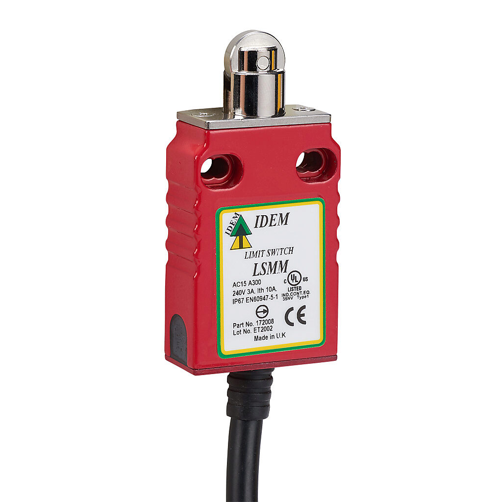 LSMM-172008 - IDEM safety limit switch, plunger with brass roller, (1) N.C. safety output(s), (1) N.O. monitoring output(s), snap action, die-cast zinc aluminum, pigtail, 6.5ft/2m cable length.