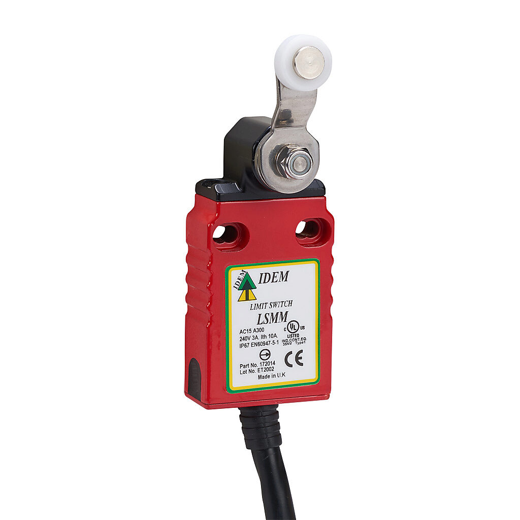 LSMM-172014 - IDEM safety limit switch, side rotary lever with polyester roller, (2) N.C. safety output(s), (1) N.O. monitoring output(s), slow action break before make, die-cast zinc aluminum, pigtail, 6.5ft/2m cable length.