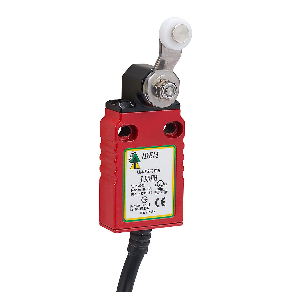 LSMM-172016 - IDEM safety limit switch, side rotary lever with polyester roller, (1) N.C. safety output(s), (1) N.O. monitoring output(s), snap action, die-cast zinc aluminum, pigtail, 6.5ft/2m cable length.