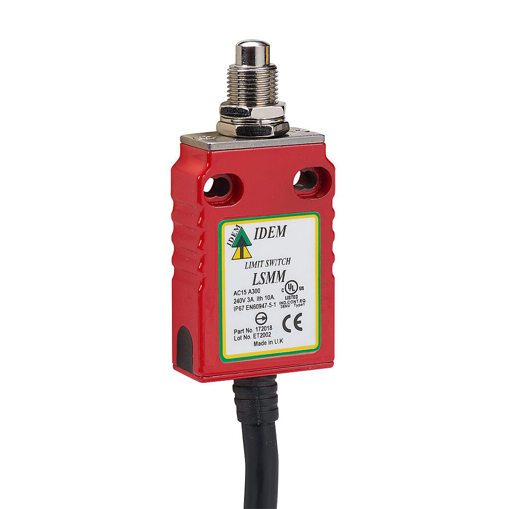 LSMM-172018 - IDEM safety limit switch, brass plunger and fixing nuts, (2) N.C. safety output(s), (1) N.O. monitoring output(s), slow action break before make, die-cast zinc aluminum, pigtail, 6.5ft/2m cable length.