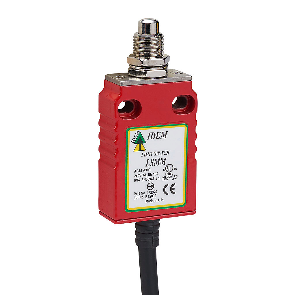 LSMM-172020 - IDEM safety limit switch, brass plunger and fixing nuts, (1) N.C. safety output(s), (1) N.O. monitoring output(s), snap action, die-cast zinc aluminum, pigtail, 6.5ft/2m cable length.