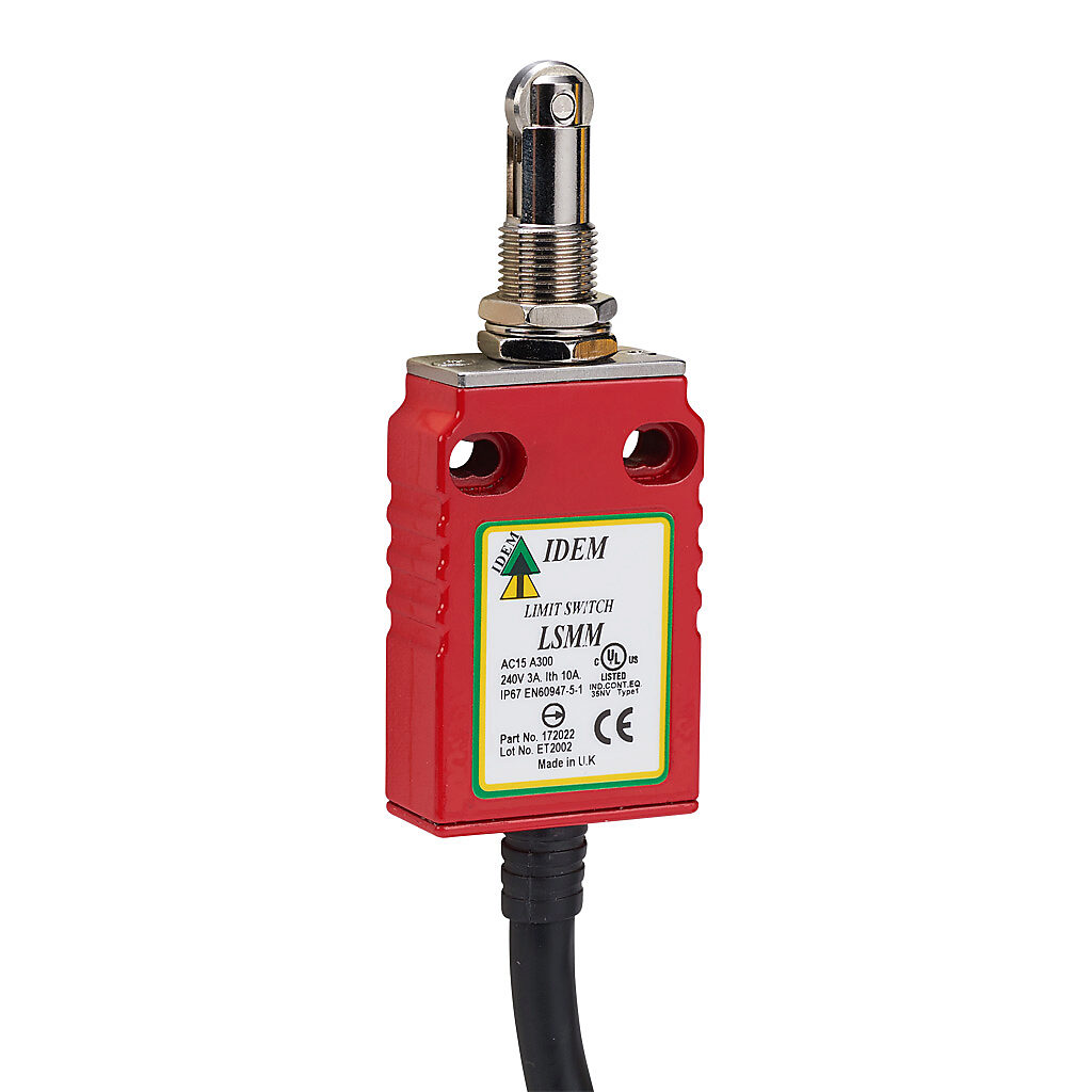 LSMM-172022 - IDEM safety limit switch, plunger with brass roller and fixing nuts, (2) N.C. safety output(s), (1) N.O. monitoring output(s), slow action break before make, die-cast zinc aluminum, pigtail, 6.5ft/2m cable length.