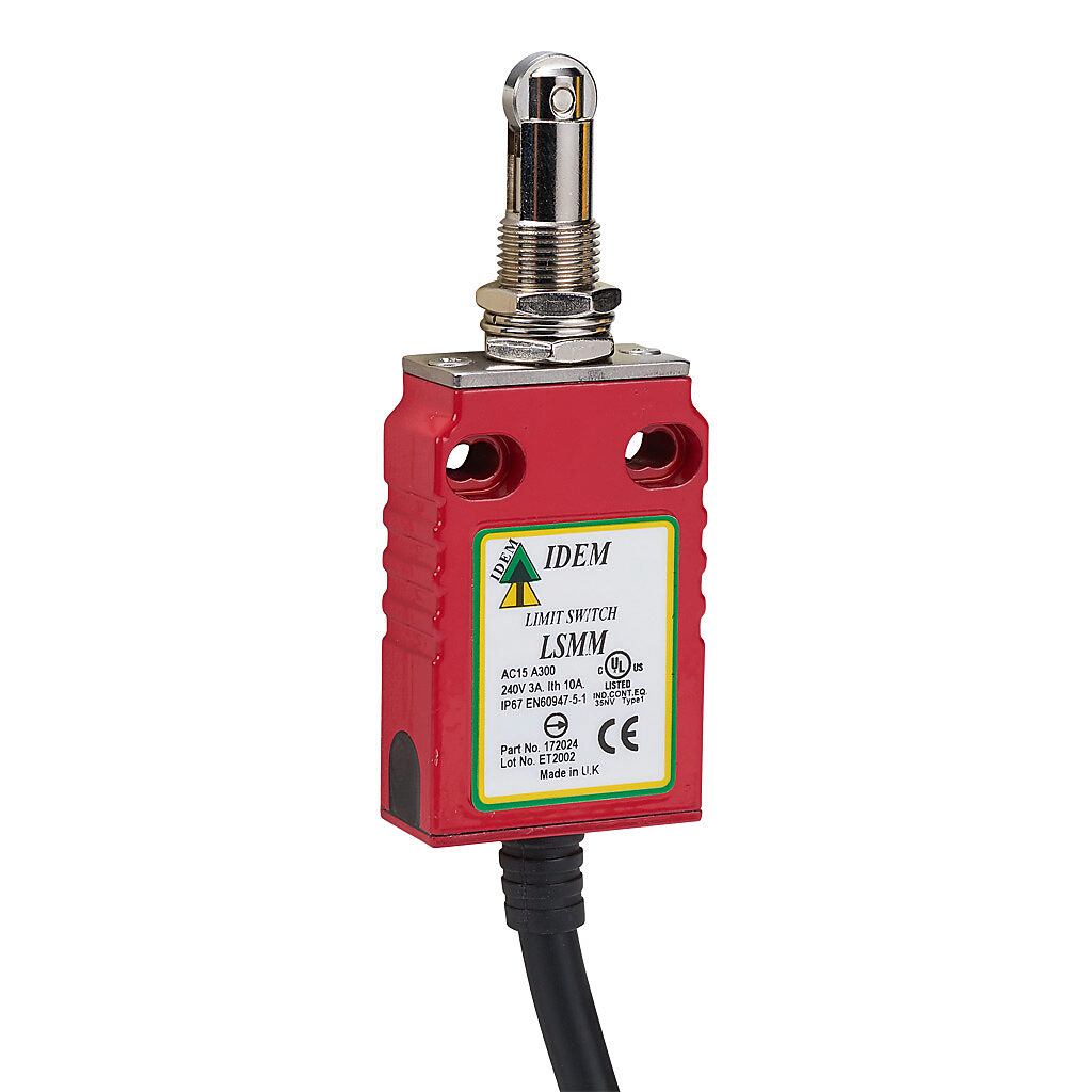 LSMM-172024 - IDEM safety limit switch, plunger with brass roller and fixing nuts, (1) N.C. safety output(s), (1) N.O. monitoring output(s), snap action, die-cast zinc aluminum, pigtail, 6.5ft/2m cable length.