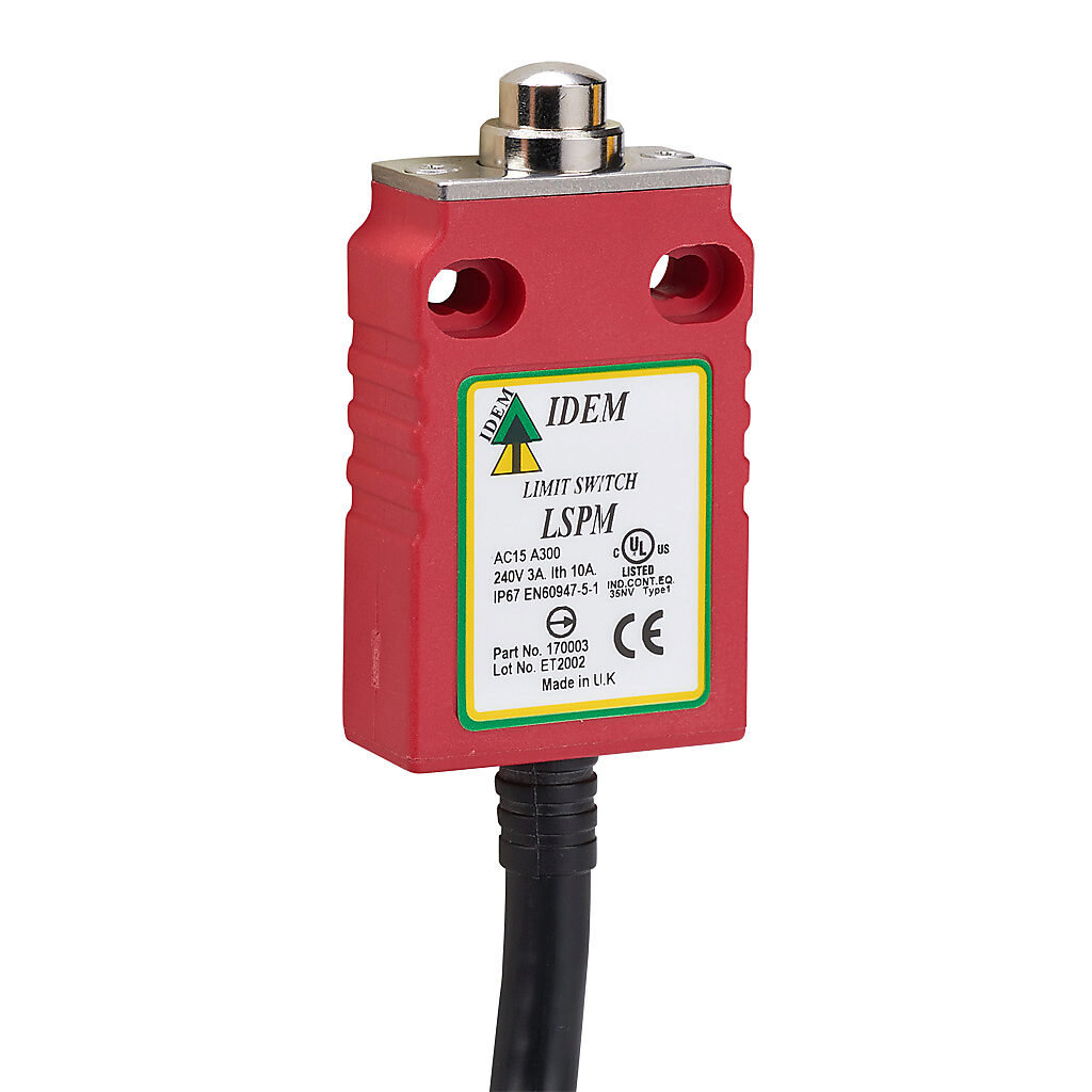LSPM-170003 - IDEM safety limit switch, brass plunger, (2) N.C. safety output(s), (1) N.O. monitoring output(s), slow action break before make, polyester, pigtail, 6.5ft/2m cable length.