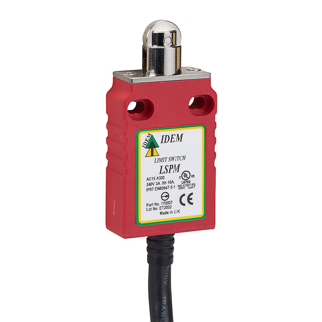 LSPM-170007 - IDEM safety limit switch, plunger with brass roller, (2) N.C. safety output(s), (1) N.O. monitoring output(s), slow action break before make, polyester, pigtail, 6.5ft/2m cable length.