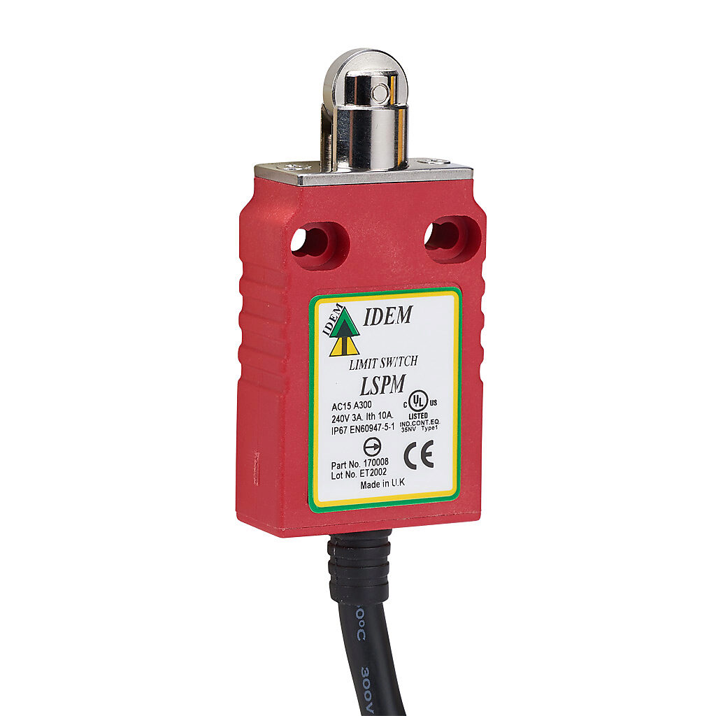 LSPM-170008 - IDEM safety limit switch, plunger with brass roller, (1) N.C. safety output(s), (1) N.O. monitoring output(s), snap action, polyester, pigtail, 6.5ft/2m cable length.