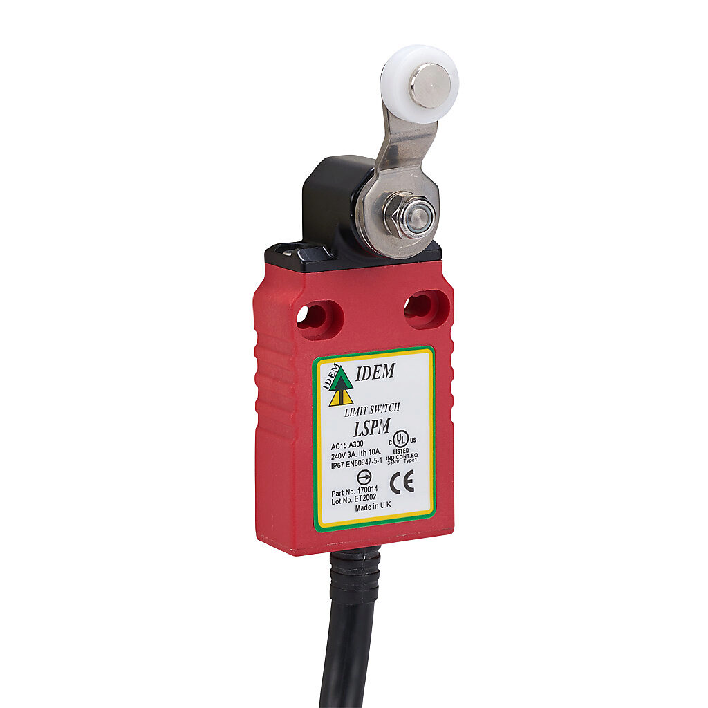LSPM-170014 - IDEM safety limit switch, side rotary lever with polyester roller, (2) N.C. safety output(s), (1) N.O. monitoring output(s), slow action break before make, polyester, pigtail, 6.5ft/2m cable length.