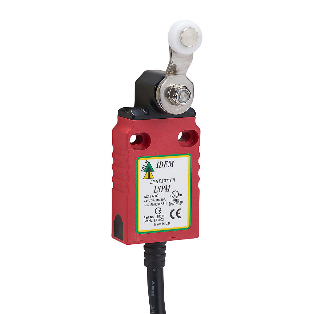 LSPM-170016 - IDEM safety limit switch, side rotary lever with polyester roller, (1) N.C. safety output(s), (1) N.O. monitoring output(s), snap action, polyester, pigtail, 6.5ft/1.9m cable length.